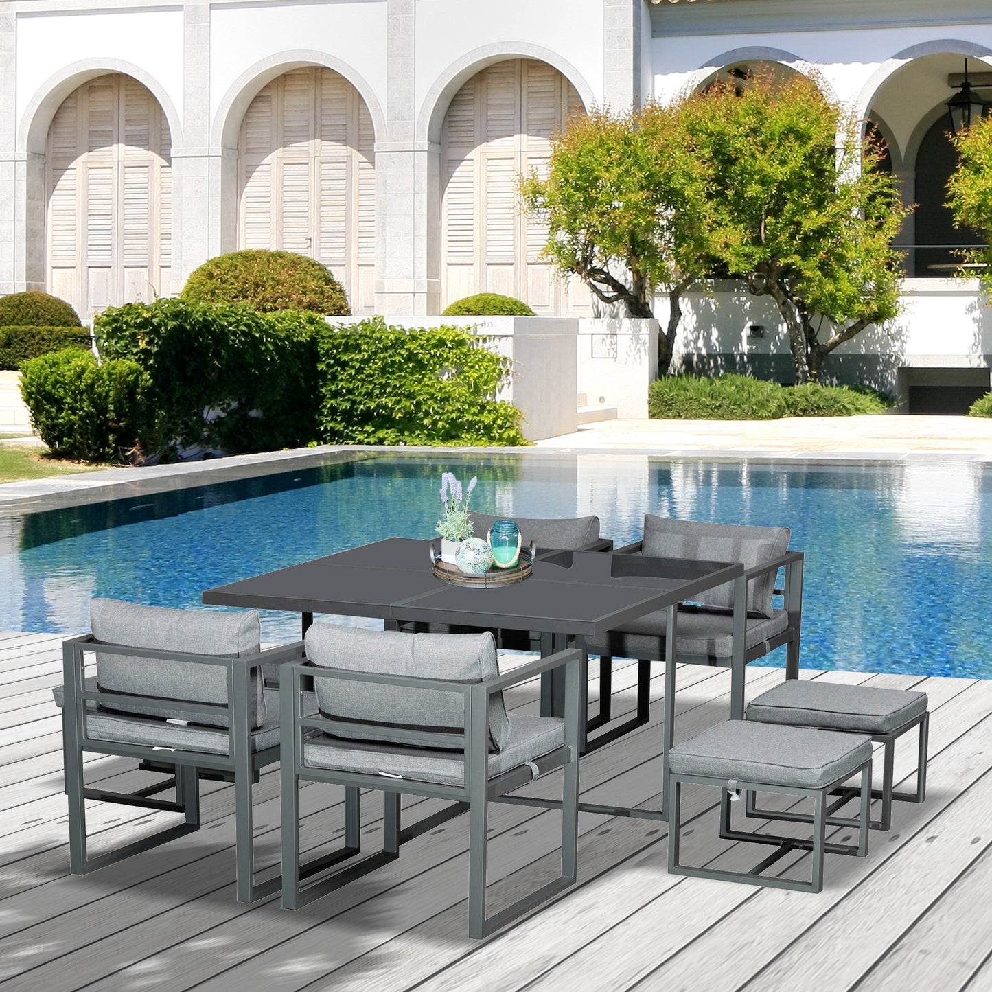 Portofino 9PCs Patio Aluminium Dining Set, Space Saving Cube Set with 4 Chairs, 4 Ottoman, Cushions