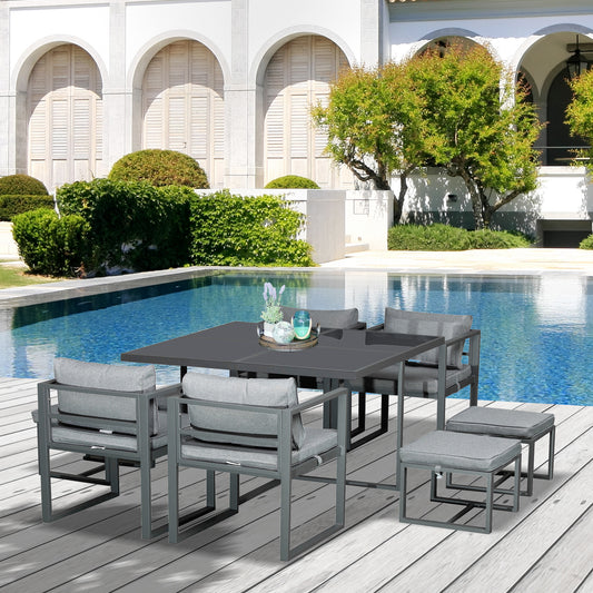 Portofino 9PCs Patio Aluminium Dining Set, Space Saving Cube Set with 4 Chairs, 4 Ottoman, Cushions