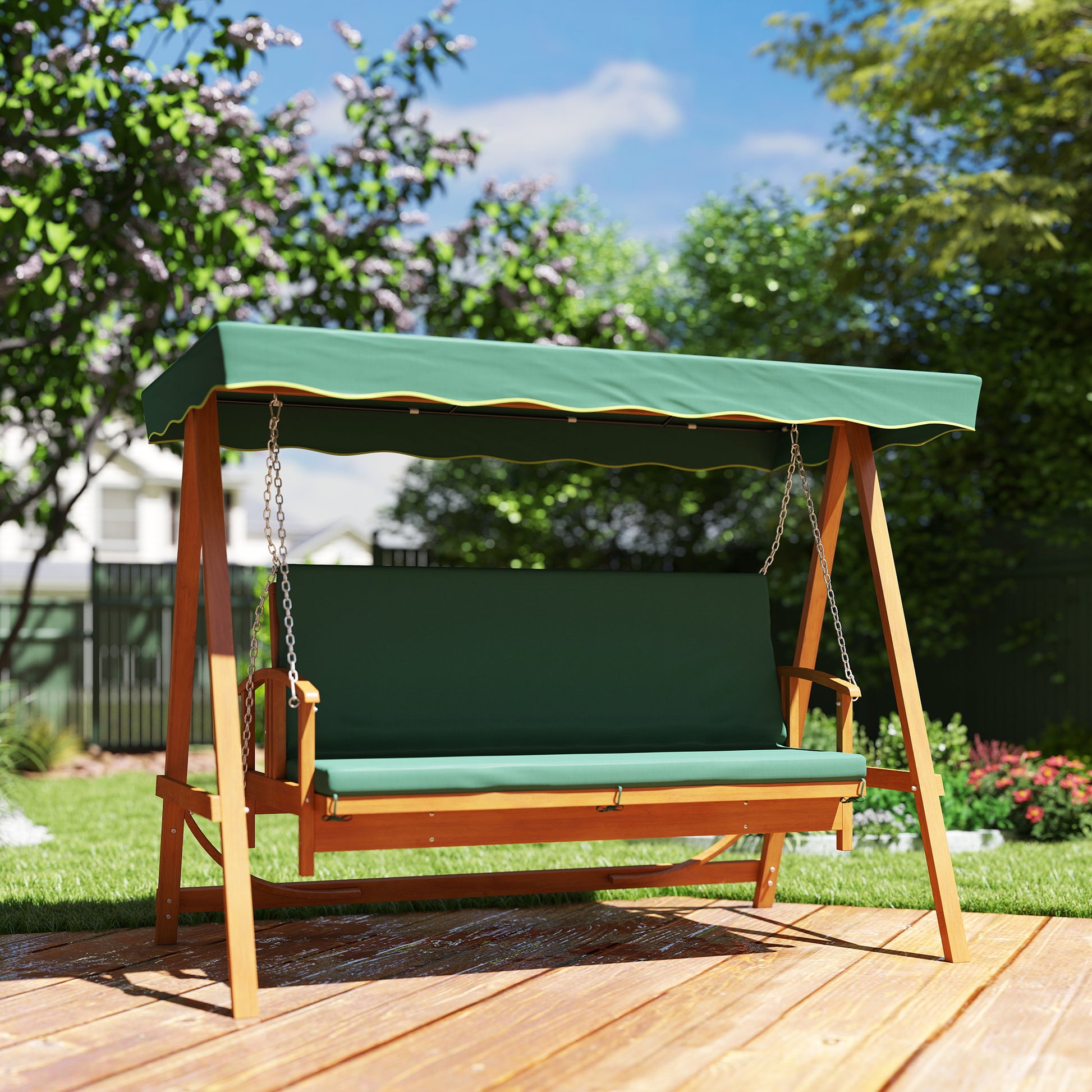 Monaco 3 Seater 2-in-1 Wooden Garden Swing Seat Swing Chair, Outdoor Convertible Hammock Bench w/cushion