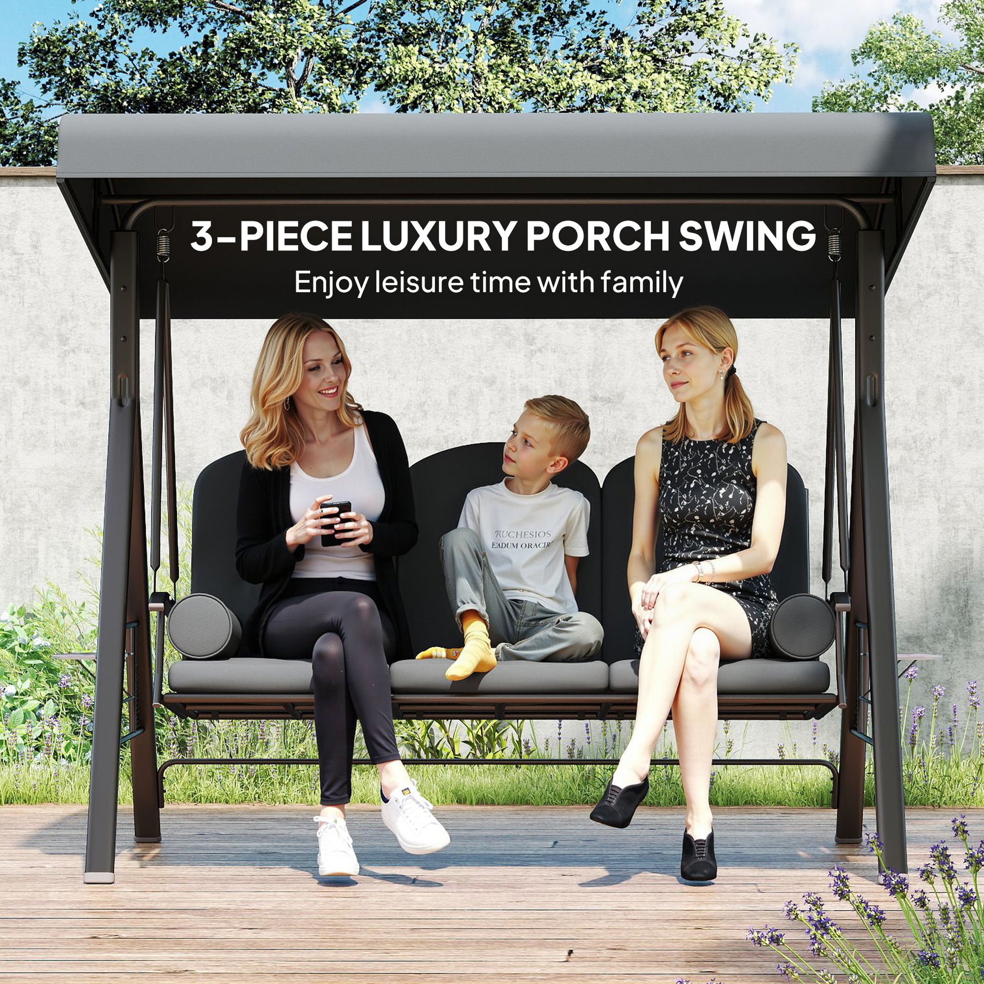 Outsunny 3 Seater Garden Swing Chair Outdoor Hammock Bench w/ Adjustable Canopy, Cushions and Cup Trays, Brown Steel Frame, Dark Grey Fabric