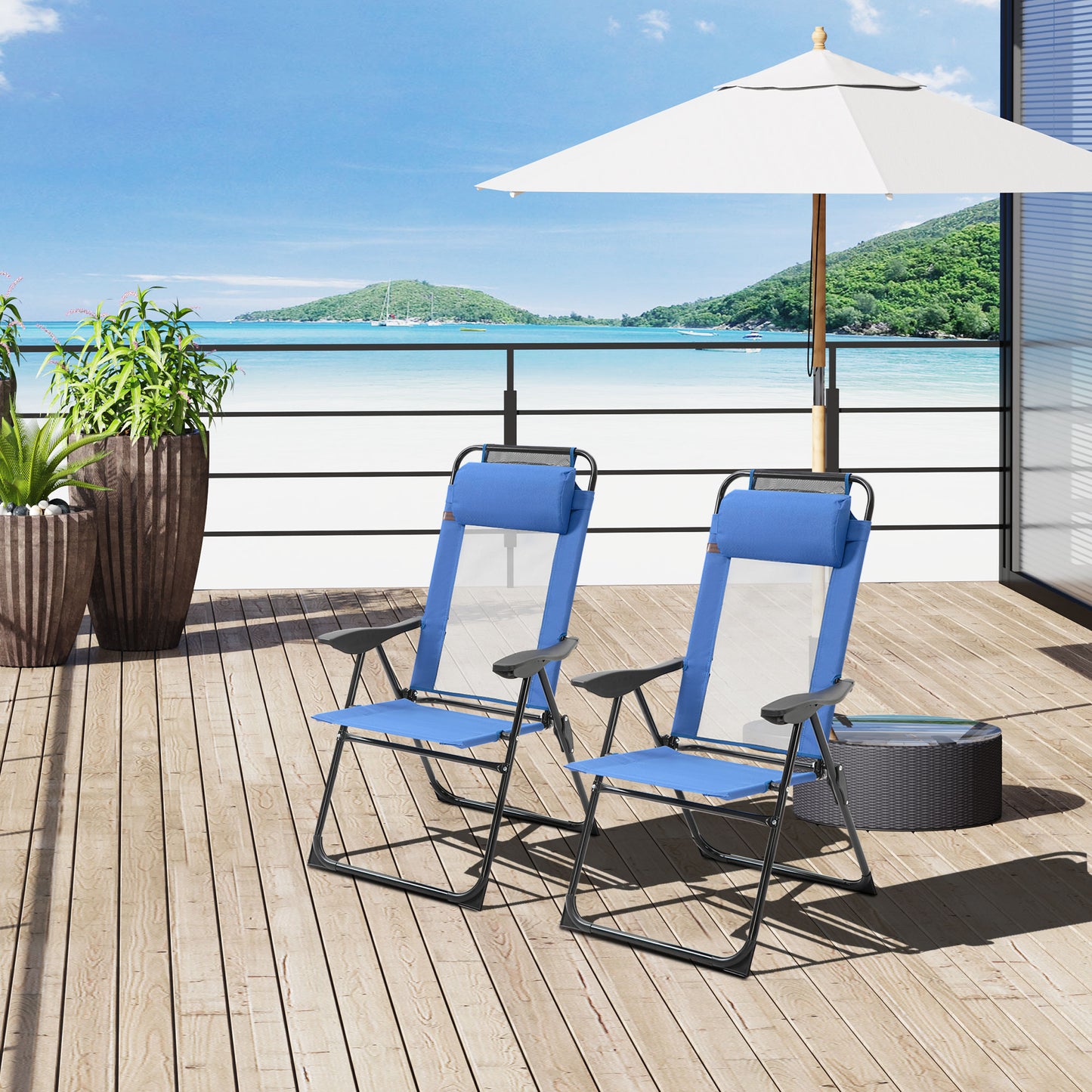 Folding Garden Chairs Set of 2, 5-Position Recliner Camping Chair with High Back, All Weather Texteline Seat, Portable Outdoor Dining Chairs