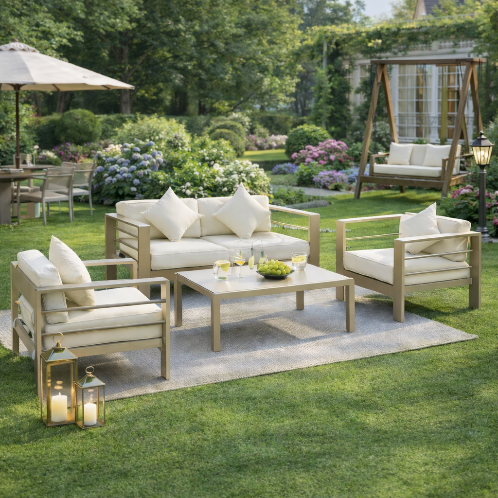 Santorini 4 Piece Garden Furniture Set, Aluminium Frame Backyard Furniture w/ Thick Padded Cushioned Loveseat