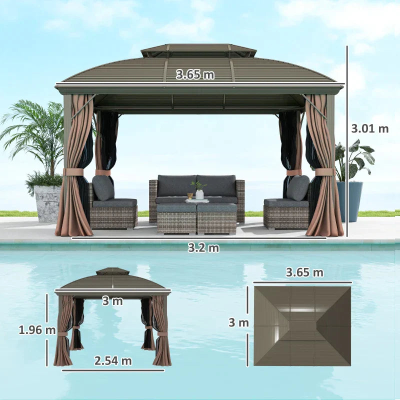 3.65m x 3m Coffee Hardtop Garden Gazebo with Steel Roof, Aluminium Frame, Double – Tier Canopy, Curtains & Mesh Sidewalls – Luxury Outdoor Pavilion...