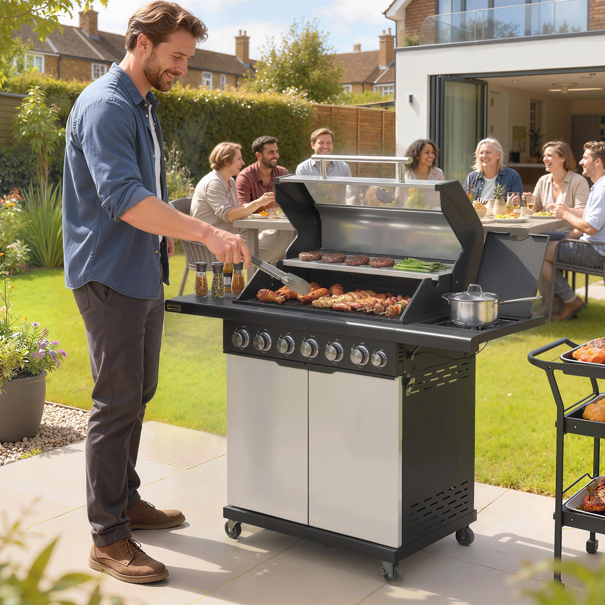 6+1 Burner Gas BBQ, Gas BBQ Trolley with Wheels, Warming Rack, Thermometer, Bottle Opener