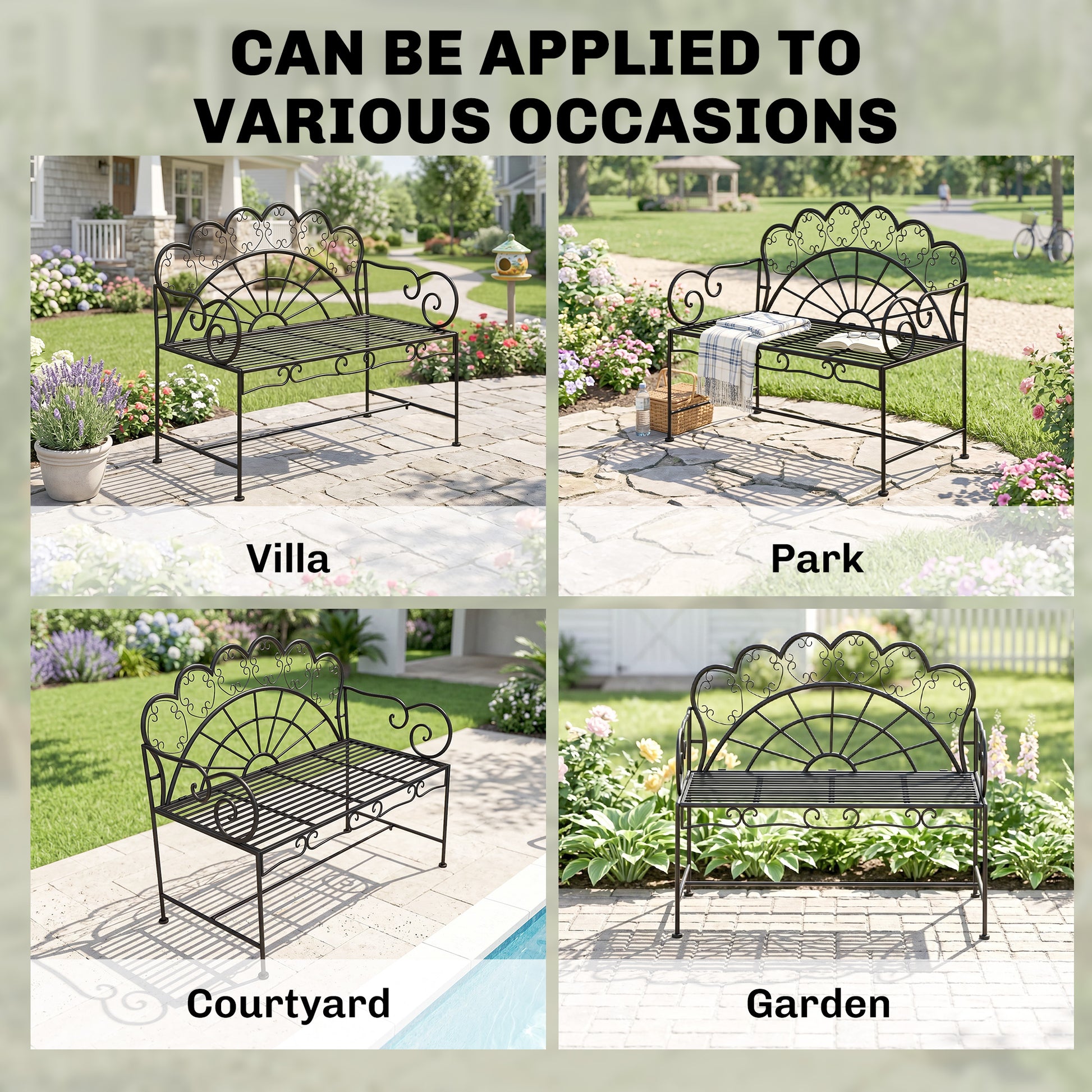 Outsunny Metal Garden Bench Loveseat with Slatted Seat, Black