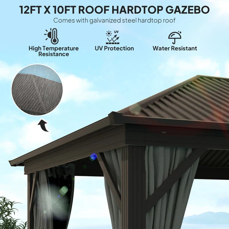 3.6m x 3m Dark Grey Hardtop Garden Gazebo with Aluminium Frame, Metal Roof, Privacy Curtains & Insect Mesh Panels