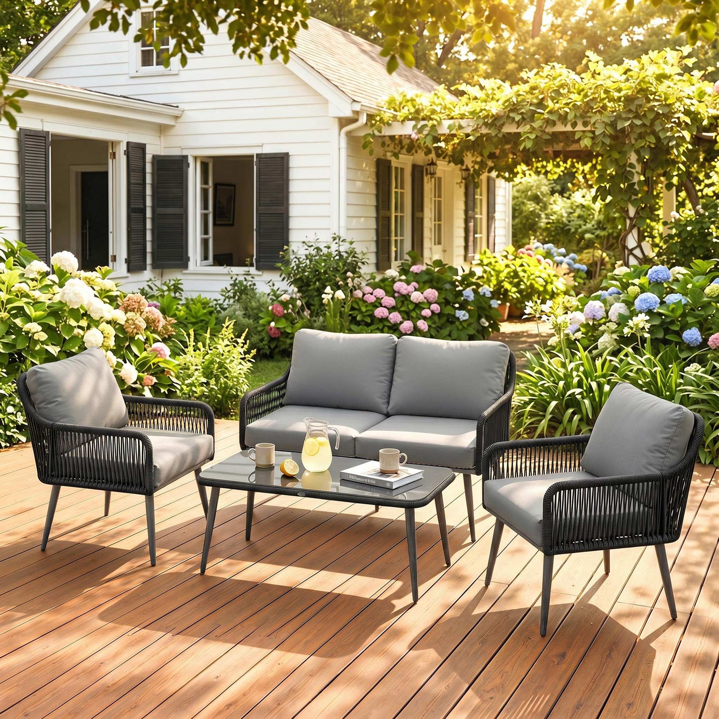 Capri Rattan Garden Furniture Set, 4 Piece Garden Furniture with Tempered Glass Table and Chairs