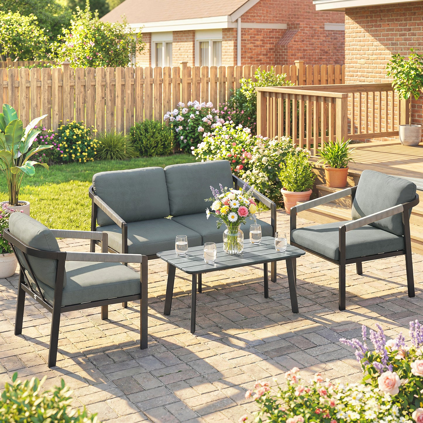 Amalfi Aluminium Garden Furniture Set, 4 Seater Garden Furniture with Loveseat, 2 Armchairs, Slatted Table