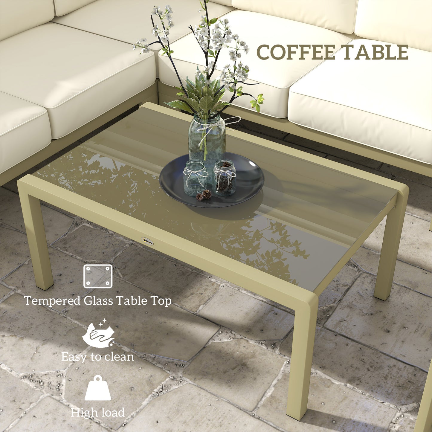 Outsunny 5-Piece Garden Corner Sofa Set with Cushions, 6 Seater Aluminium Garden Furniture Set with Glass Top Coffee Table, Patio Sectional Conservatory Furniture for Patio & Terrace, Gold Tone