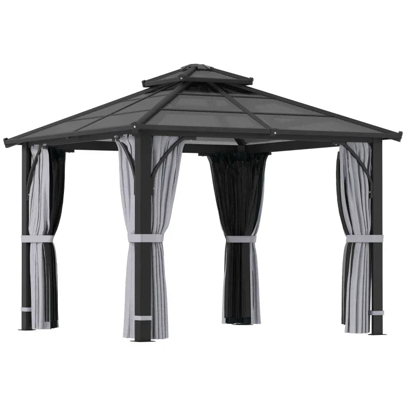 3x3m Brown Polycarbonate Hardtop Gazebo Garden Pavilion – Heavy Duty Metal Frame Shelter with Curtains & Mosquito Netting