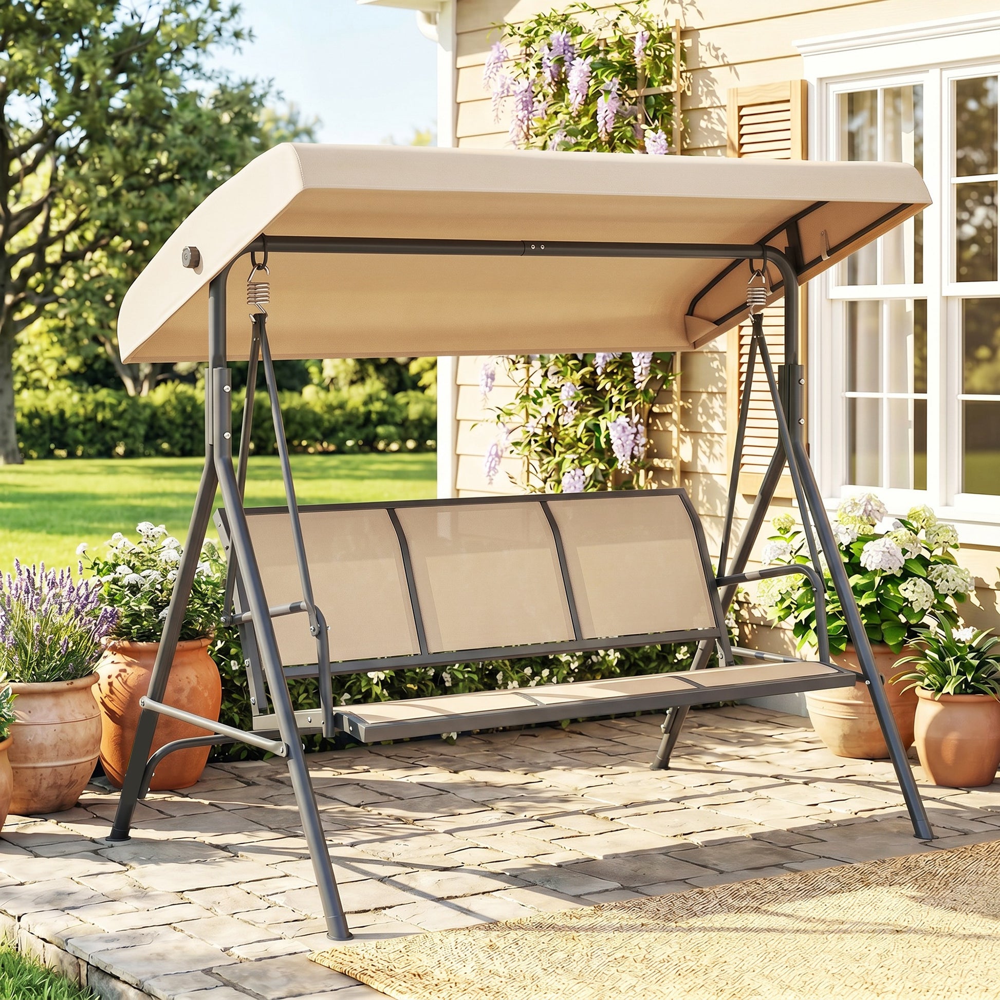 Monaco 3 Seater Swing Chair, Garden Swing Bench with Adjustable Tilting Canopy