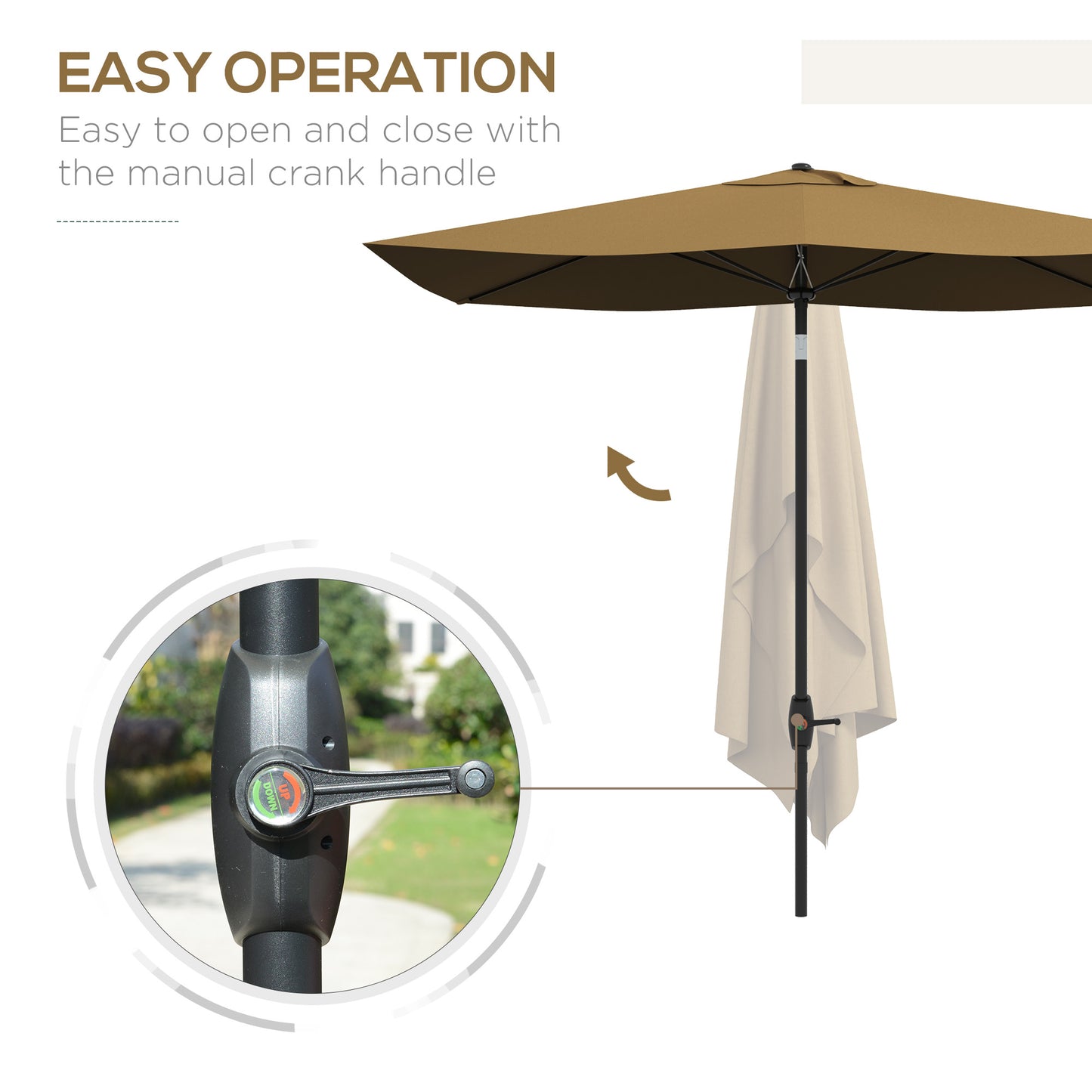Outsunny 3 x 2 m Garden Parasol Umbrella with Aluminium Pole, UPF 50+ Rectangular Outdoor Table Parasol Sun Shade with Crank & Push Button Tilt, Metal Ribs, Brown
