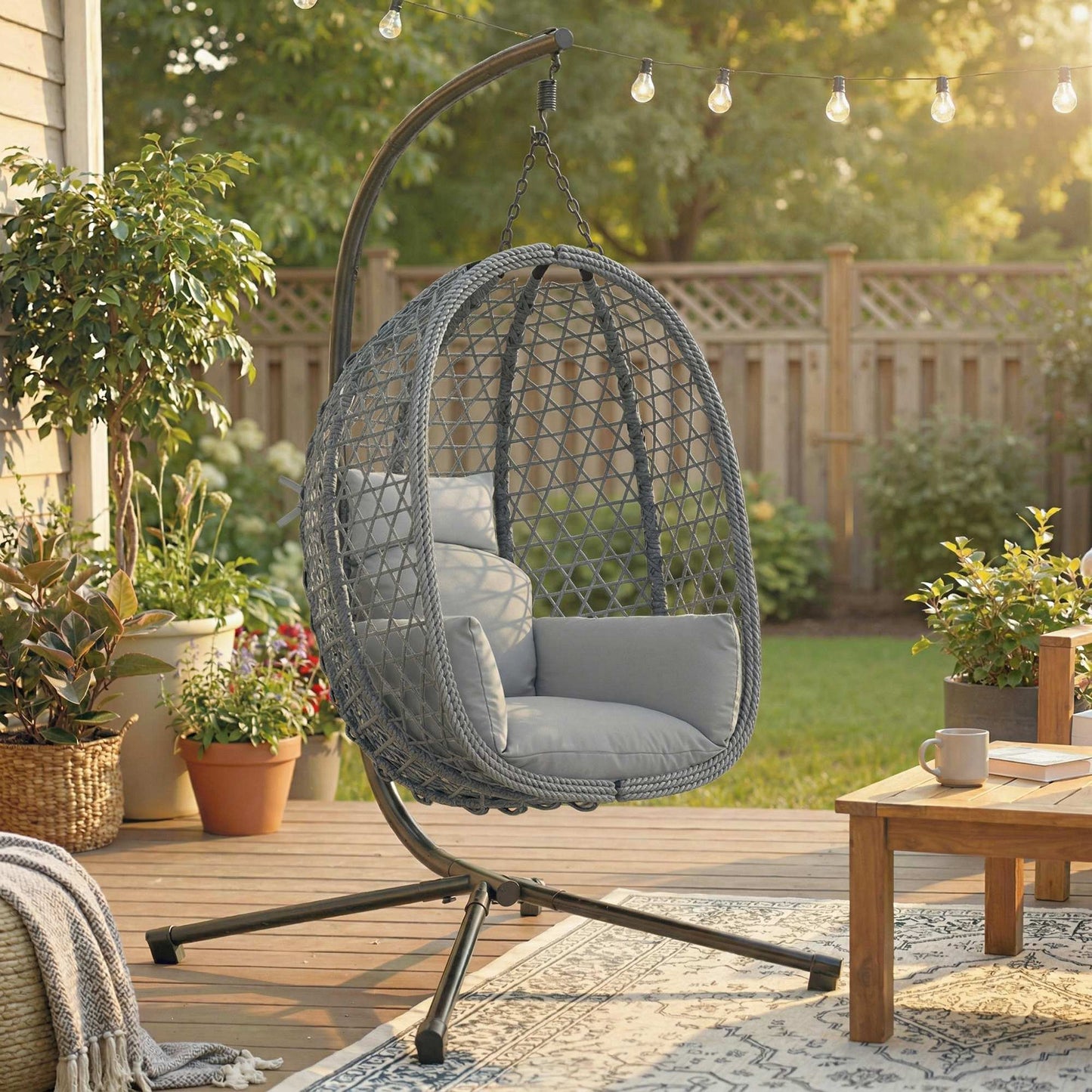 Sorrento Hanging Egg Chair, Rattan Hanging Swing Chair with Stand, Safety Strap, Foldable Basket, Dark Grey