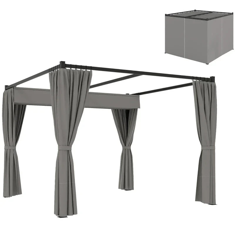 Light Grey 3m x 3m Retractable Roof Pergola Canopy – Outdoor Patio Shelter with Curtains, Metal Frame & Secure Fixing Kit