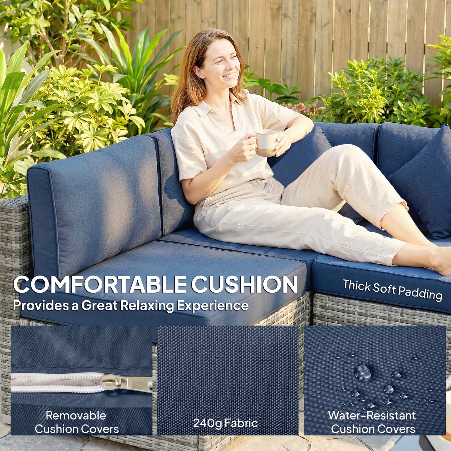 Outsunny 8 Pieces PE Rattan Corner Sofa Set, Outdoor Garden Furniture Set, Patio Wicker Sofa Seater with Cushion, Dark Blue
