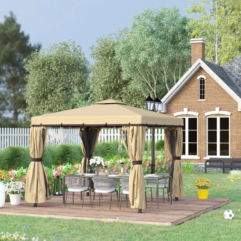 3m x 3m Beige Double – Tier Water – Resistant Garden Gazebo with Mesh Curtains, Metal Frame & Ground Fixing Kit