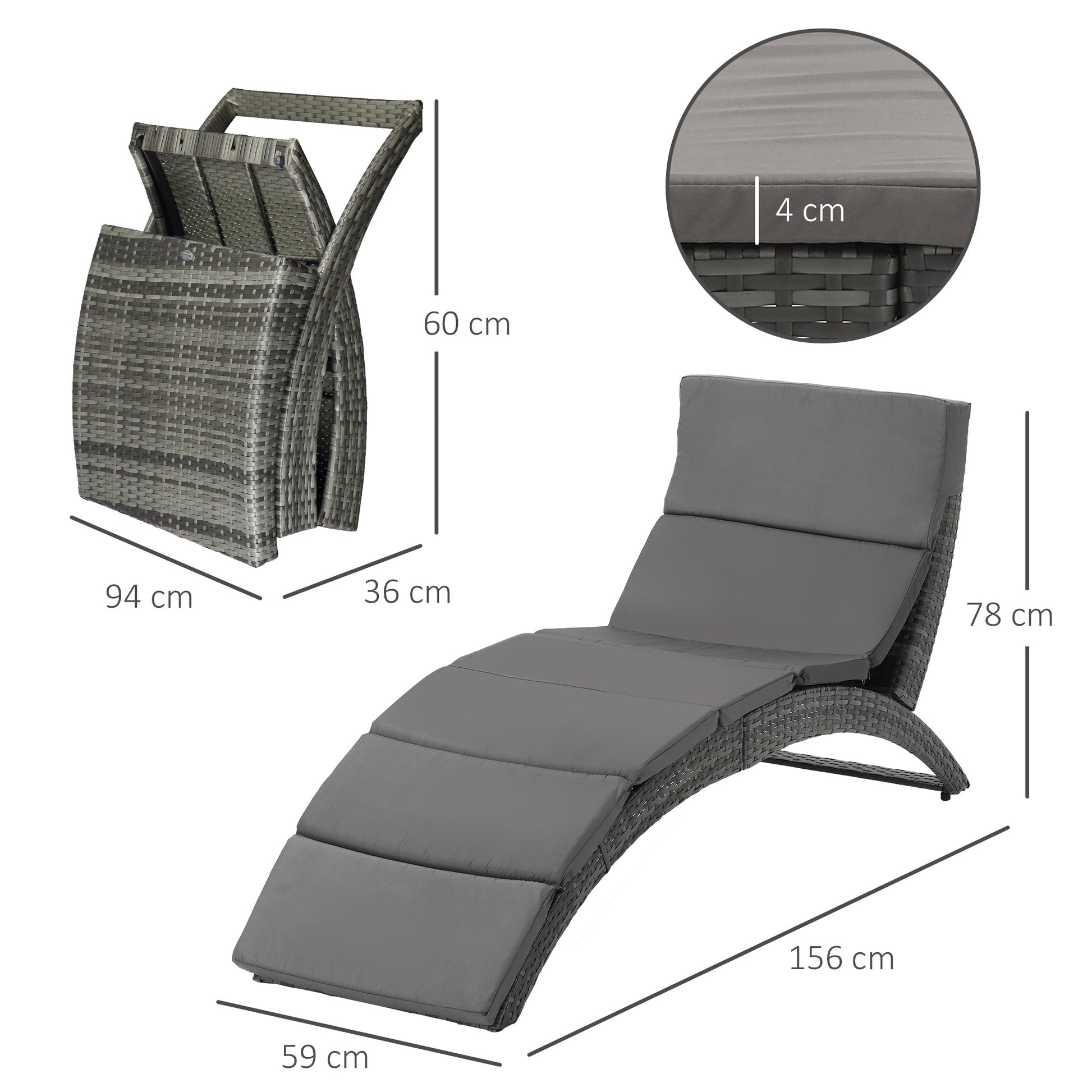 Outsunny Folding Sun Lounger, PE Rattan Garden Lounger Chair with Soft Padded Cushion, Ergonomic Curved Design Sun Bed for Balcony, Garden, Grey