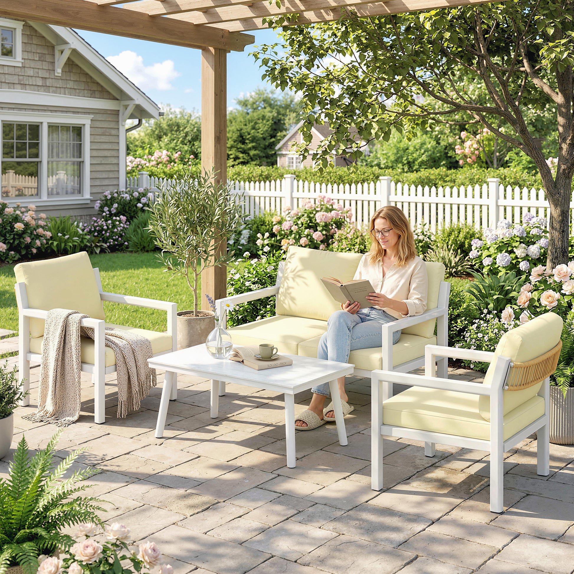 Outsunny 4 Seater Rattan Garden Furniture Set with 2 Armchairs, Loveseat, Coffee Table, Garden Sofa Set with Cushions, Cream