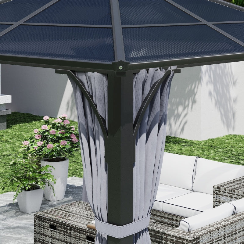 3x3m Brown Polycarbonate Hardtop Gazebo Garden Pavilion – Heavy Duty Metal Frame Shelter with Curtains & Mosquito Netting