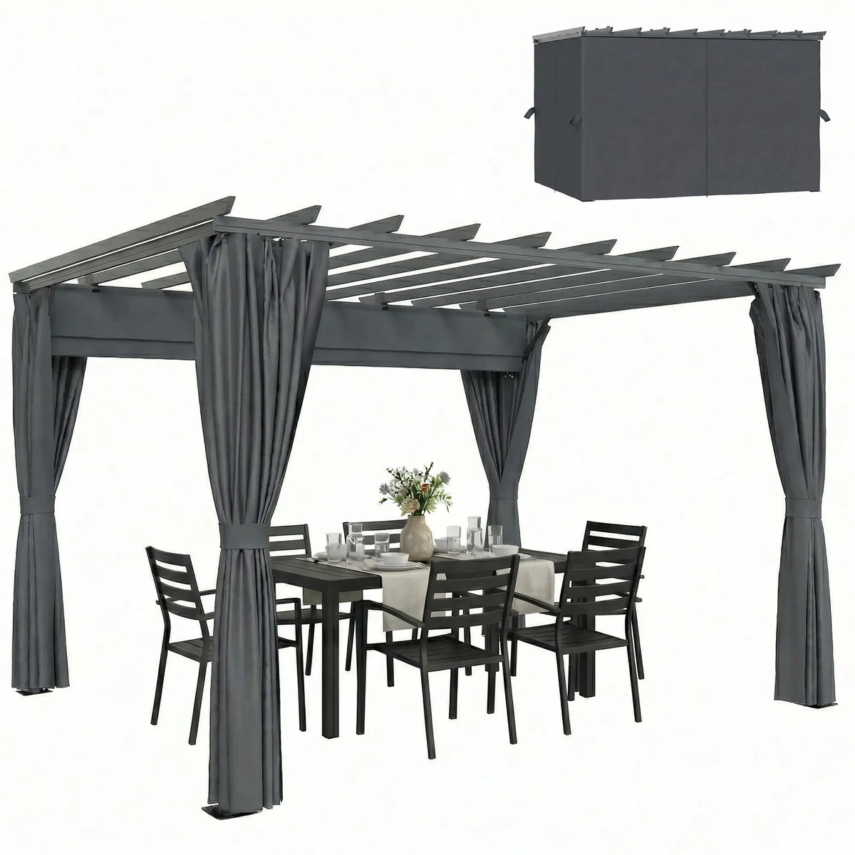 3.6x3m Aluminium Garden Pergola with Retractable Roof Canopy & Curtains – Modern Outdoor Sun Shade Shelter, Weather – Resistant Patio Cover, Dark Grey
