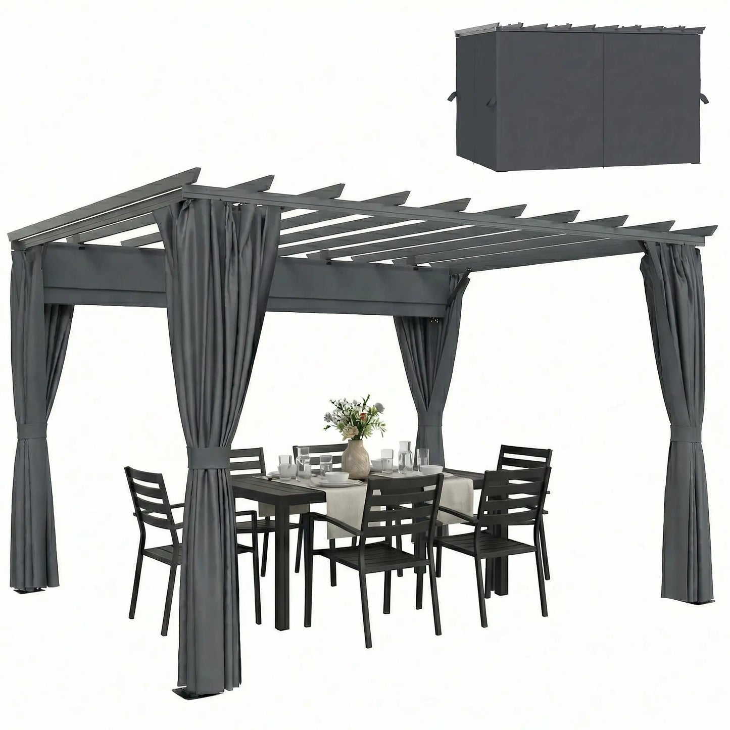 3.6x3m Aluminium Garden Pergola with Retractable Roof Canopy & Curtains – Modern Outdoor Sun Shade Shelter, Weather – Resistant Patio Cover, Dark Grey