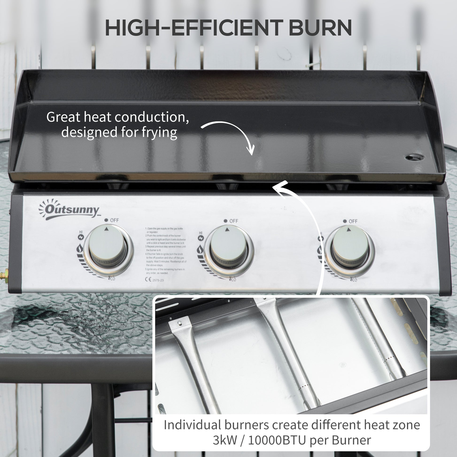Outsunny Gas Plancha Barbecue Grill with 3 Stainless Steel Burner, 7.5kW, Portable Tabletop Gas BBQ with Non-Stick Griddle for Camping Picnic Garden Party Festival