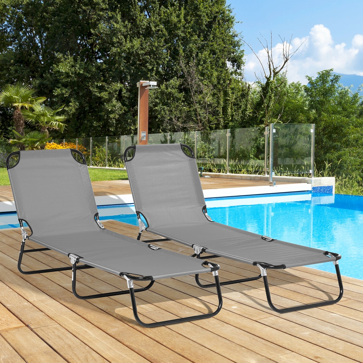 Folding Sun Loungers Set of 2, Outdoor Day Bed with 5-Position Adjustable Backrest, Portable Recliner Garden Chairs with Breathable Mesh for