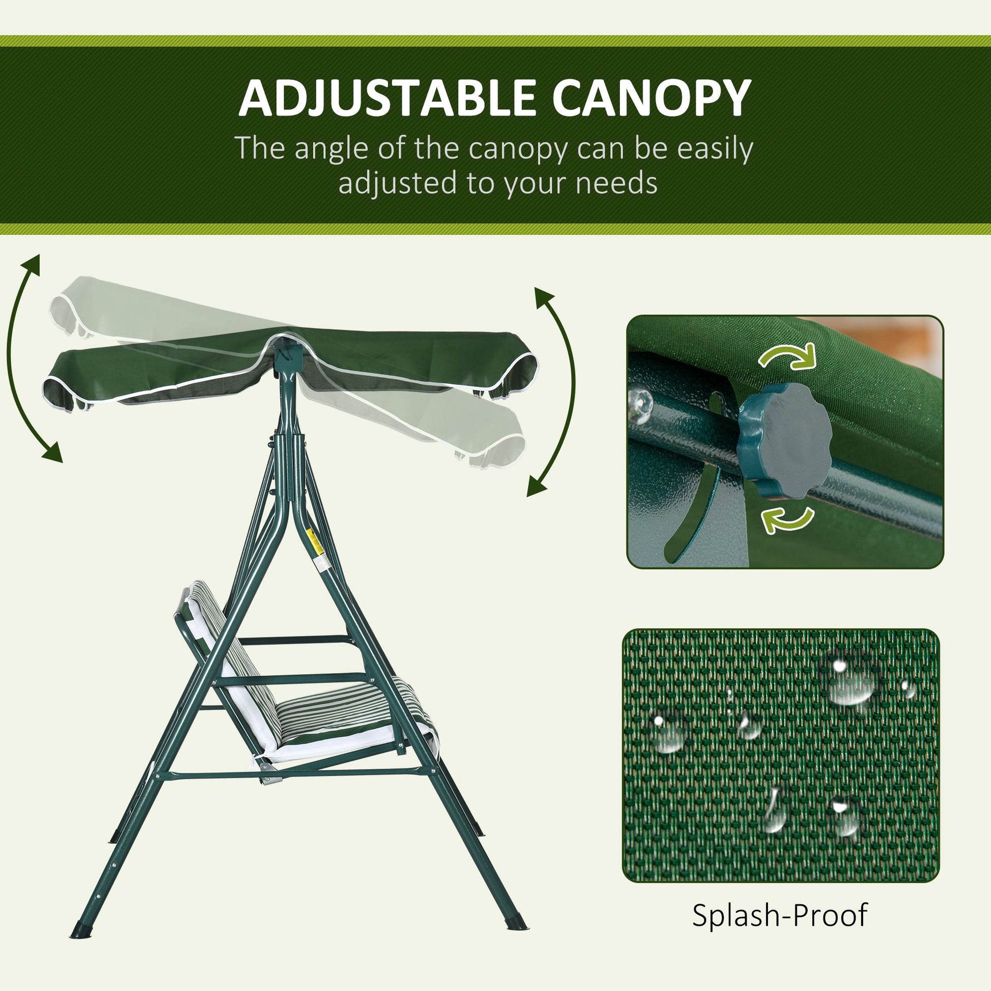 Outsunny 3-Seat Swing Chair Garden Swing Seat with Adjustable Canopy for Patio, Green