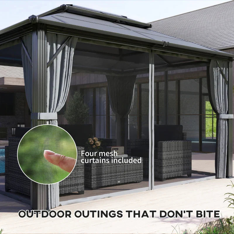 4m x 3m Grey Aluminium Hardtop Gazebo Pavilion – UPF30+ Polycarbonate Roof Outdoor Garden Shelter with Privacy Curtains & Insect Netting