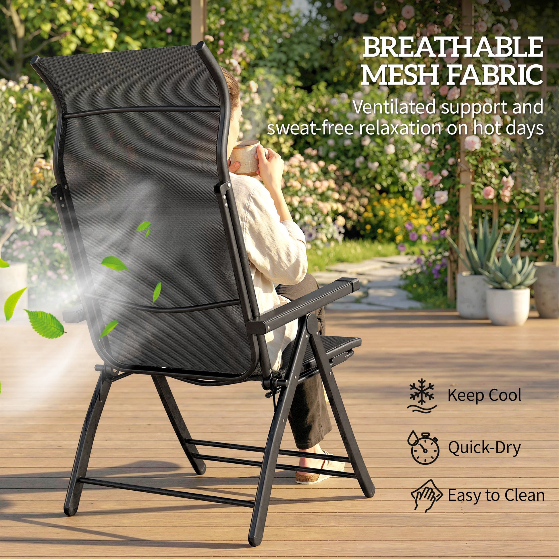 Outsunny Reclining Garden Chairs Set of 2 with High Back, Retractable Footrest, Dark Grey