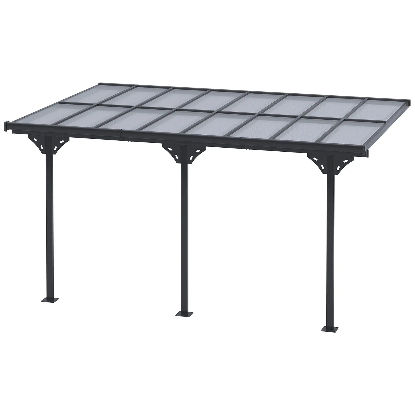 4.35m x 3m Wall Mounted Pergola – Aluminium Frame & Polycarbonate Roof – Grey Patio Cover