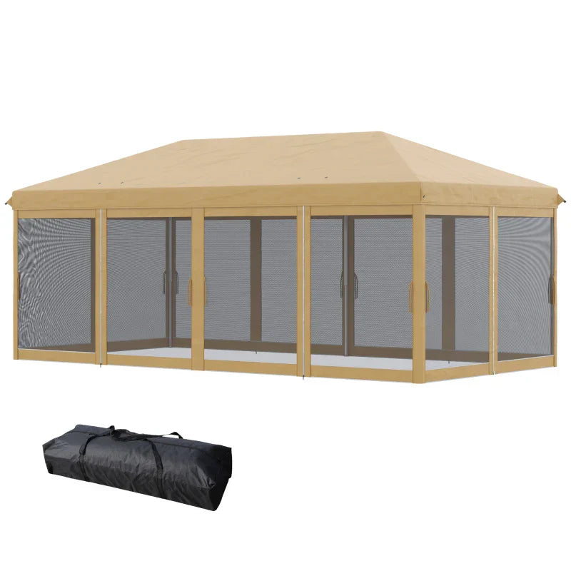 Beige 6m x 3m Pop Up Gazebo Marquee – Portable Garden Event Shelter with Mesh Curtain