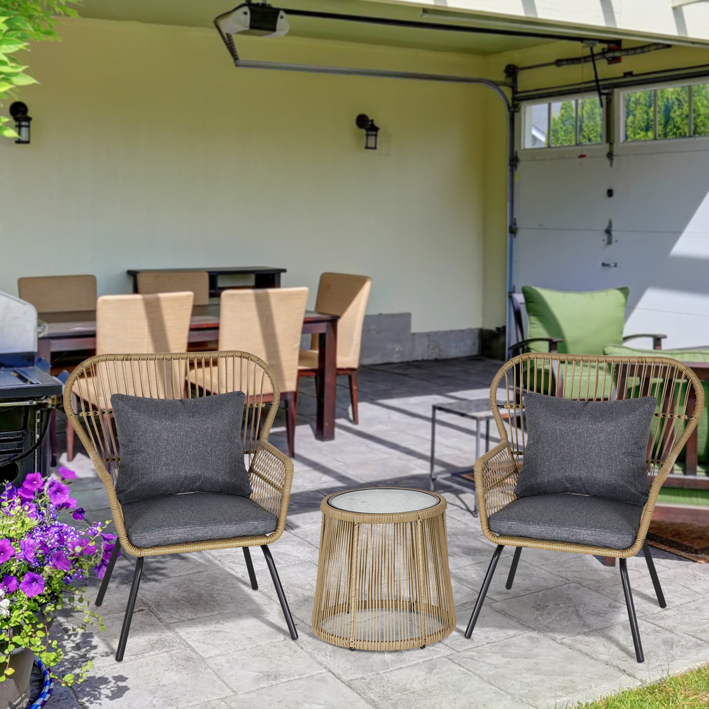 Monaco 3 Piece Rattan Bistro Set, Wicker Garden Furniture Set with Cushions, Glass Top Coffee Table and Chairs