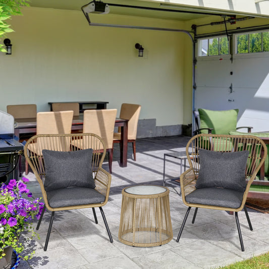 Monaco 3 Piece Rattan Bistro Set, Wicker Garden Furniture Set with Cushions, Glass Top Coffee Table and Chairs