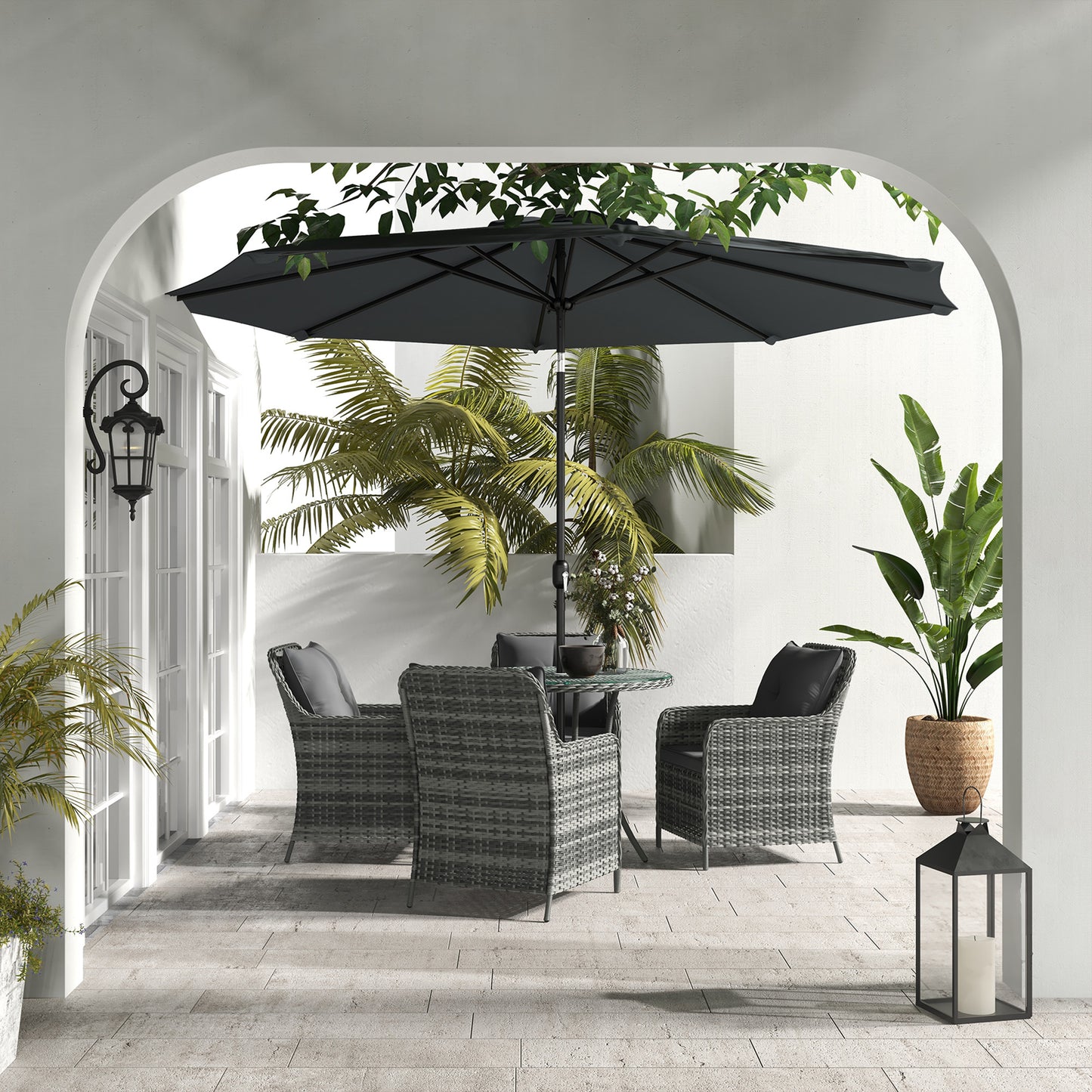 Verona 4 Seater Rattan Dining Set with Parasol & Cushions - Mixed Grey