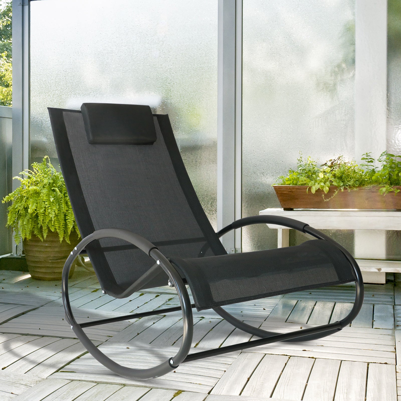 Verona Rocking Chair Sun Lounger Recliner Rocker Texteline Fabric Patio Garden Relaxer with Pillow, Black