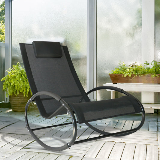 Verona Rocking Chair Sun Lounger Recliner Rocker Texteline Fabric Patio Garden Relaxer with Pillow, Black