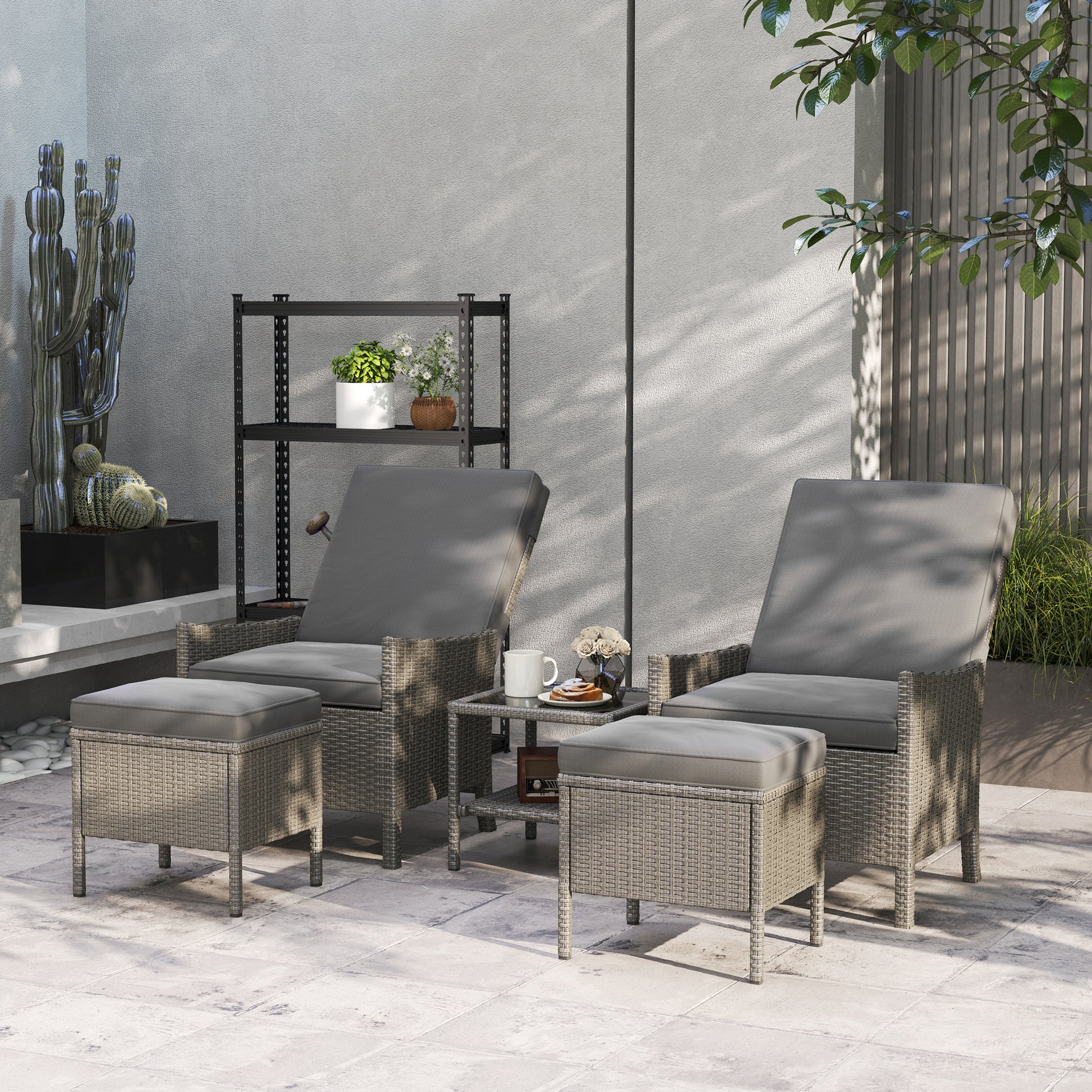 Verona 5 Piece Rattan Garden Furniture Set, Wicker Patio Sofa Set with 2 Armchairs, 2 Footstools