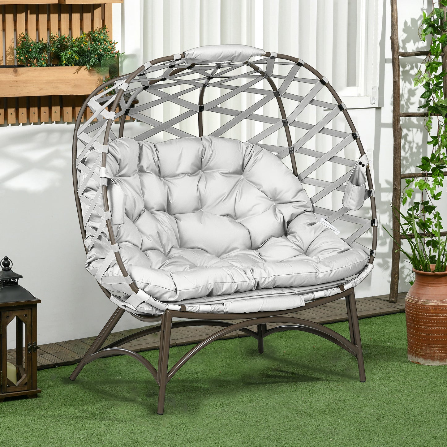 Tivoli 2 Seater Egg Chair Outdoor, Folding Weave Garden Furniture Chair with Cushion, Cup Pockets - Light Grey