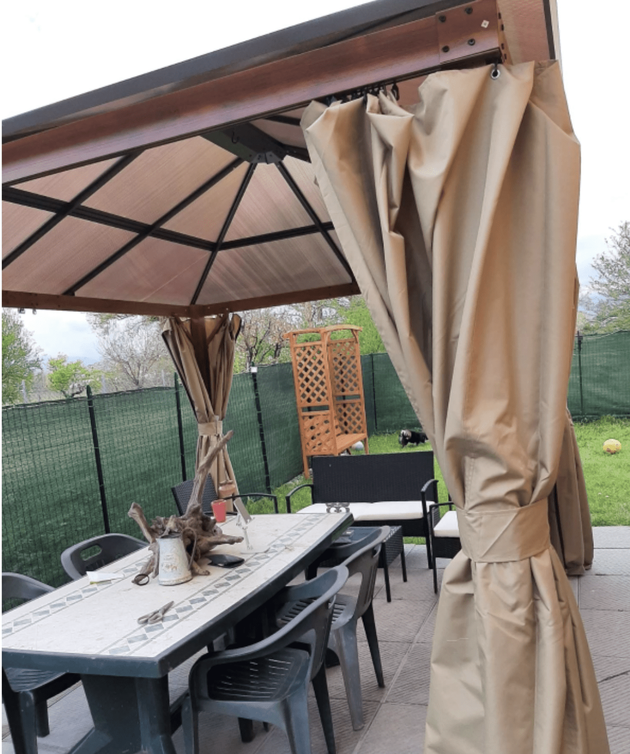 3m x 3.6m Khaki Hardtop Gazebo with Polycarbonate Roof - Garden Pavilion with Curtains & Insect Netting