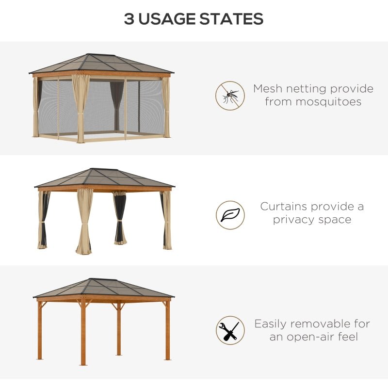 3m x 3.6m Khaki Hardtop Gazebo with Polycarbonate Roof - Garden Pavilion with Curtains & Insect Netting