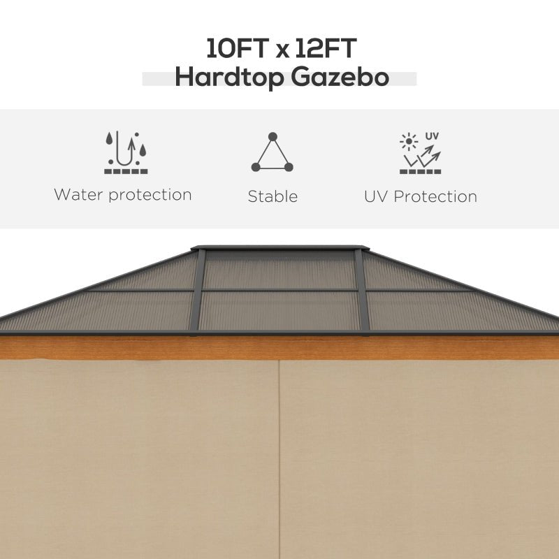 3m x 3.6m Khaki Hardtop Gazebo with Polycarbonate Roof - Garden Pavilion with Curtains & Insect Netting