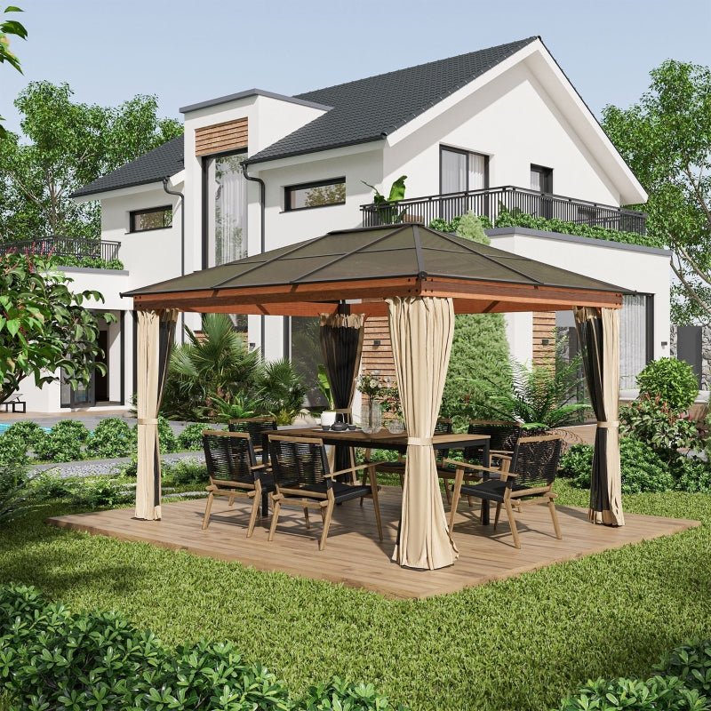 3m x 3.6m Khaki Hardtop Gazebo with Polycarbonate Roof - Garden Pavilion with Curtains & Insect Netting