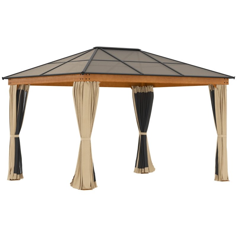 3m x 3.6m Khaki Hardtop Gazebo with Polycarbonate Roof - Garden Pavilion with Curtains & Insect Netting