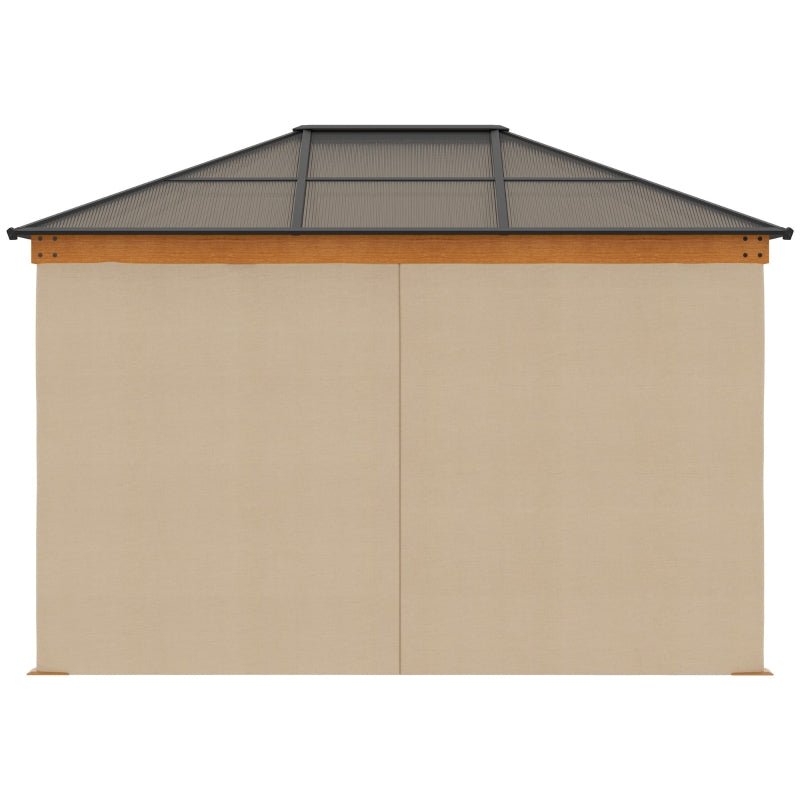 3m x 3.6m Khaki Hardtop Gazebo with Polycarbonate Roof - Garden Pavilion with Curtains & Insect Netting