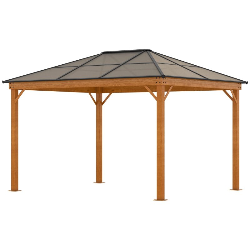 3m x 3.6m Khaki Hardtop Gazebo with Polycarbonate Roof - Garden Pavilion with Curtains & Insect Netting