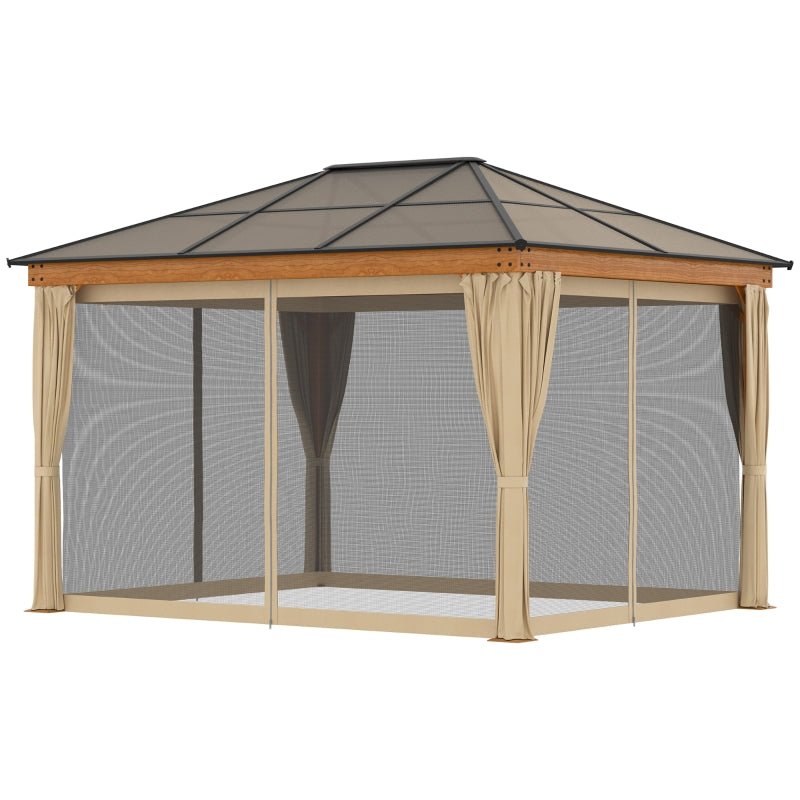 3m x 3.6m Khaki Hardtop Gazebo with Polycarbonate Roof - Garden Pavilion with Curtains & Insect Netting