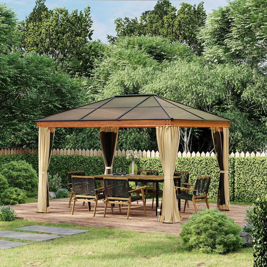 3m x 3.6m Khaki Hardtop Gazebo with Polycarbonate Roof - Garden Pavilion with Curtains & Insect Netting