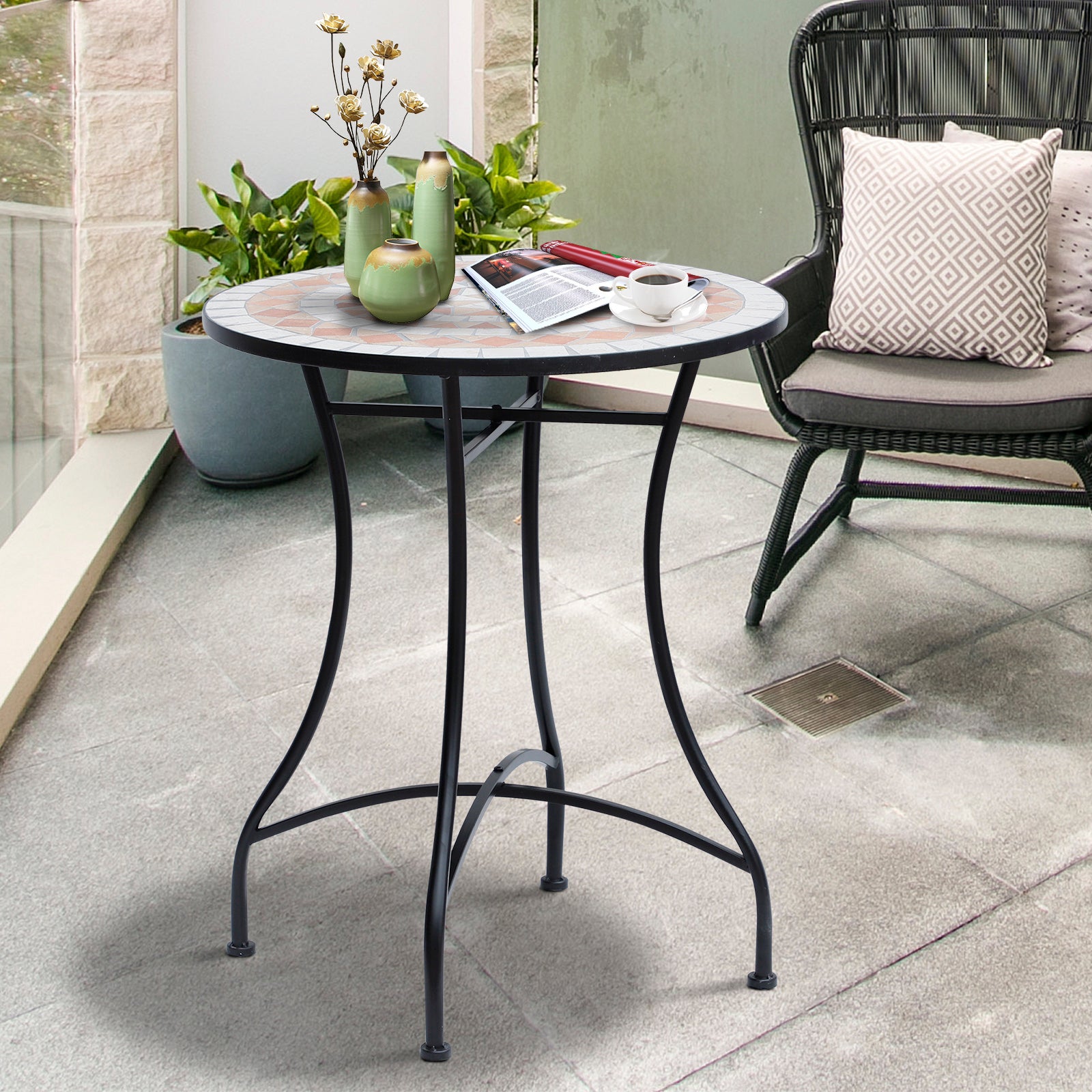 Amalfi 60 cm Mosaic Garden Table, Small Round Outdoor Side Table with Ceramic Top, Plant Stand for Patio, Balcony