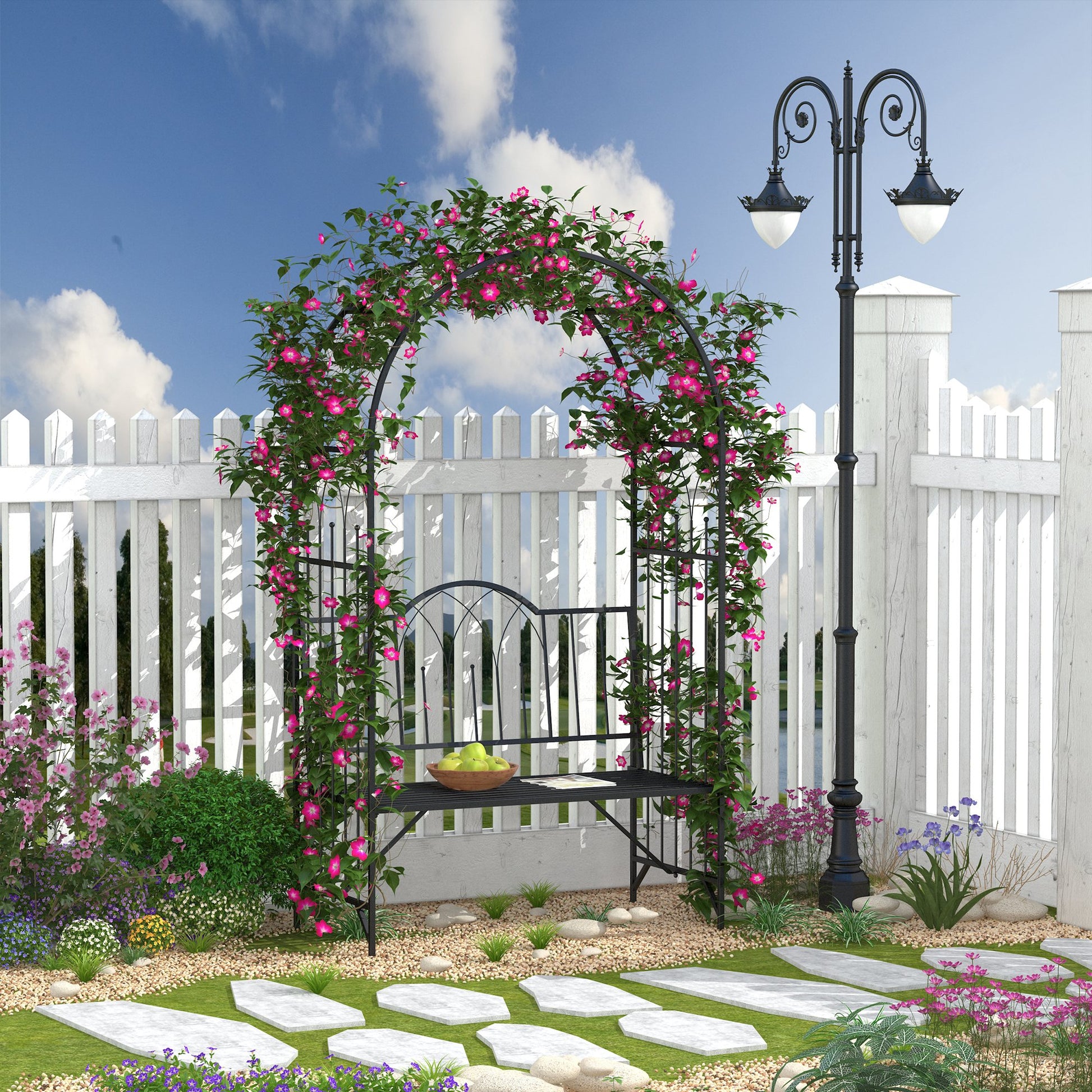 Mediterraneo Garden Metal Arch Bench Garden Rose Trellis Arbour Pergola for Climbing Plant Antique Style 2-Seater